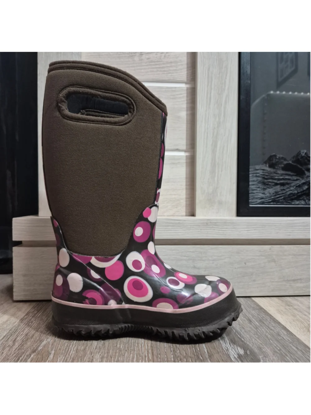 Girls Bogs Winter Boots Brown and Purple Polka Dot Pattern sz 10